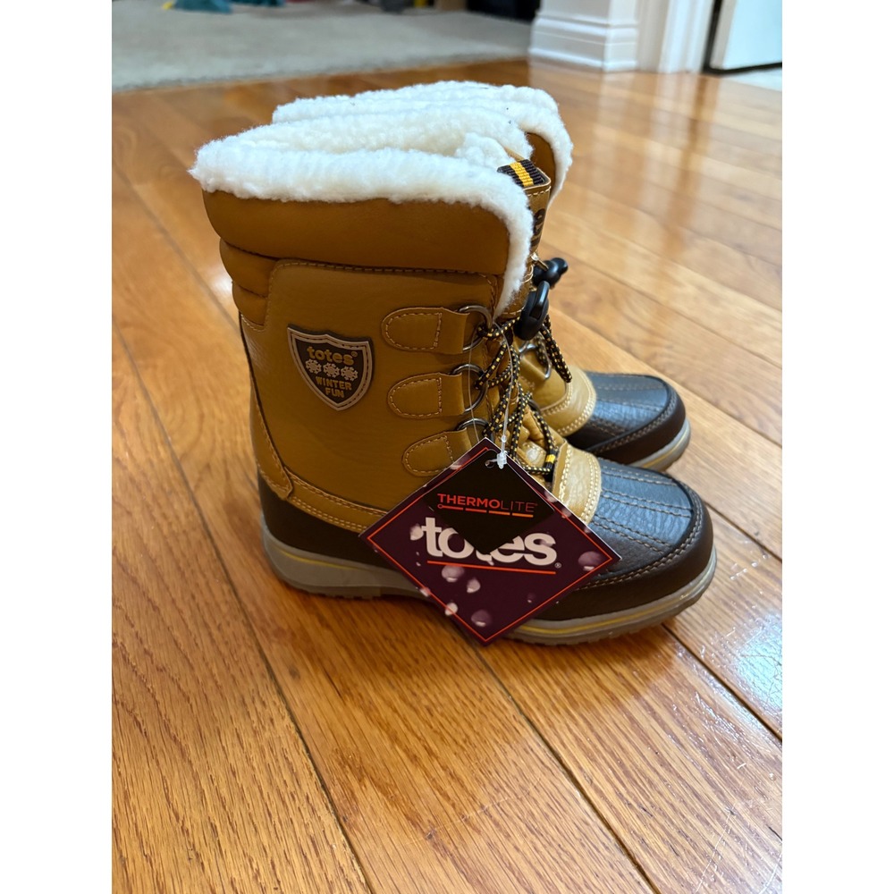 Totes Morris Kids Winter Snow Boots Tan Brown Insulated Faux Fur Size 13 NEW